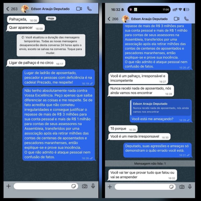 Deputado Duarte Jr. solicita escolta após ameaças de Edson Araújo pelo WhatsApp
