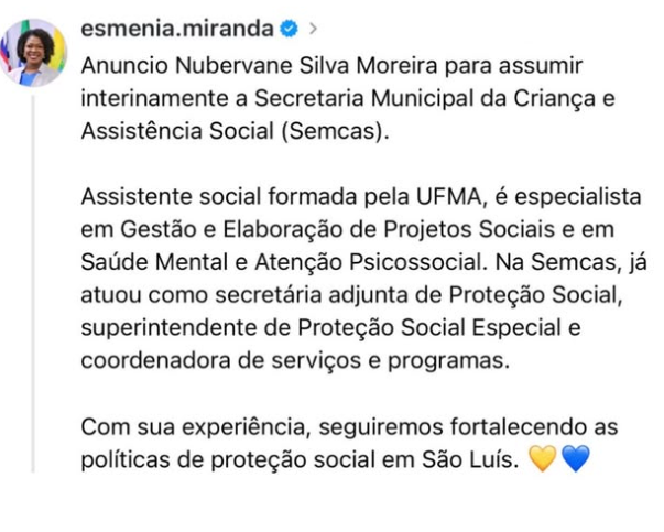 Titular da Semcas cai uma semana após liberação de funcionários para ato que coincidiu com agenda de Lula em São Luís